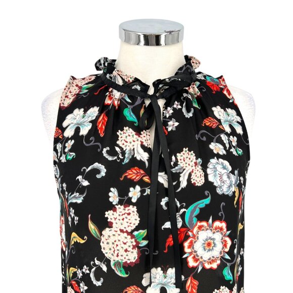 Violet & Claire Black Floral Print Sleeveless Blouse Ruffle Neck Size Small - Picture 2 of 12